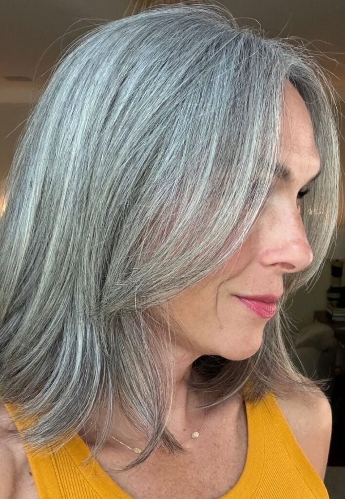 Collarbone Waves With Face-Framing Fringe Collarbone Waves With Face-Framing Fringe — Classy Salt and Pepper Hair