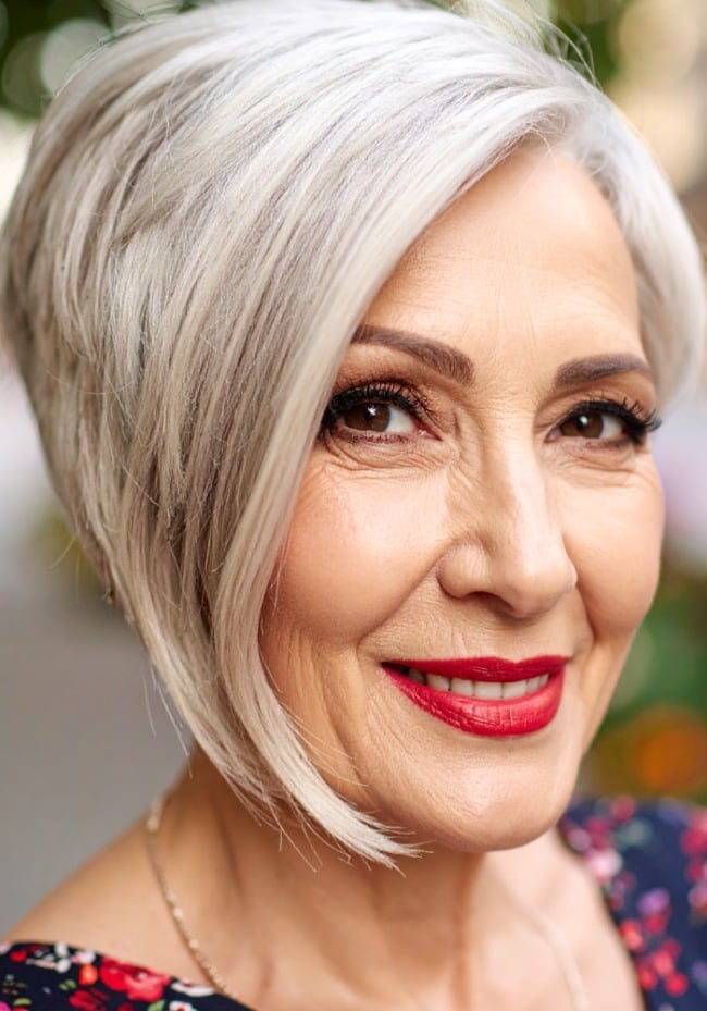 Angled Bob With Chin Length Front Pieces Angled Bob With Chin Length Front Pieces — Classy Salt and Pepper Hair