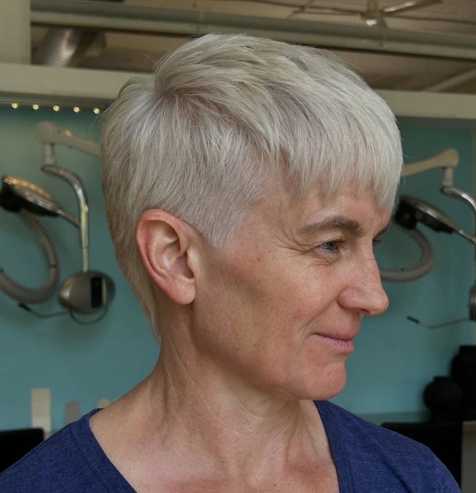 Short Pixie With Textured Silver Bangs Short Pixie With Textured Silver Bangs — Classy Salt and Pepper Hair