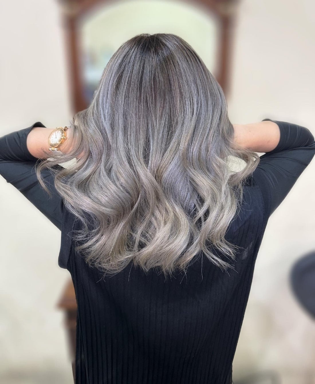 Ash Gray Hair with Dark Roots and Black Long-Sleeve Top Ash Gray Hair with Dark Roots and Black Long-Sleeve Top — Classy Shadow Root