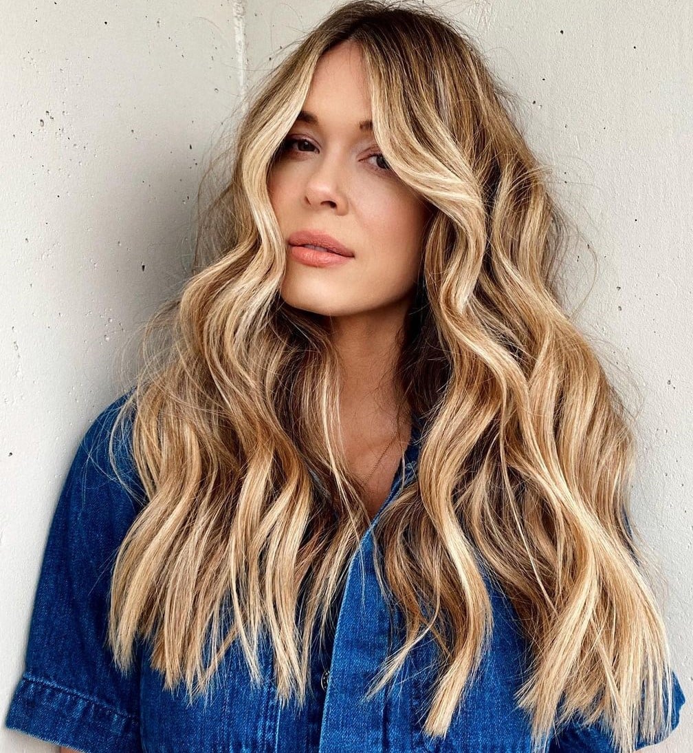 Voluminous Shadow Root Hair with Blue Denim Shirt Voluminous Shadow Root Hair with Blue Denim Shirt — Classy Shadow Root
