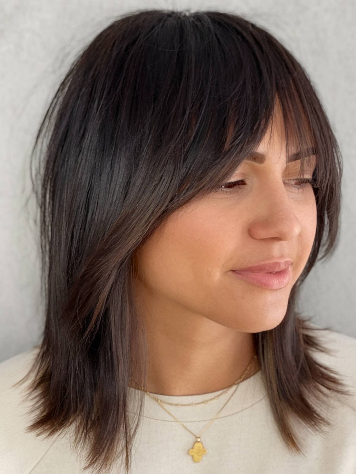 Collarbone Dark Brown Shag Side Part Collarbone Dark Brown Shag Side Part — Classy Shag Hair