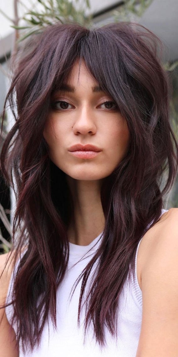 Collarbone Burgundy Shag With Full Fringe, Wavy Collarbone Burgundy Shag With Full Fringe, Wavy — Classy Shag Hair