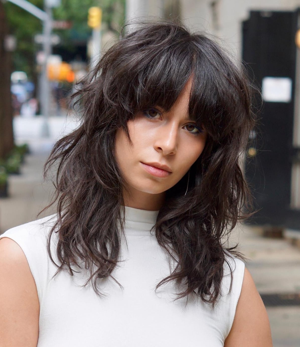 Mid-Back Dark Brown Shag With Choppy Bangs Mid-Back Dark Brown Shag With Choppy Bangs — Classy Shag Hair