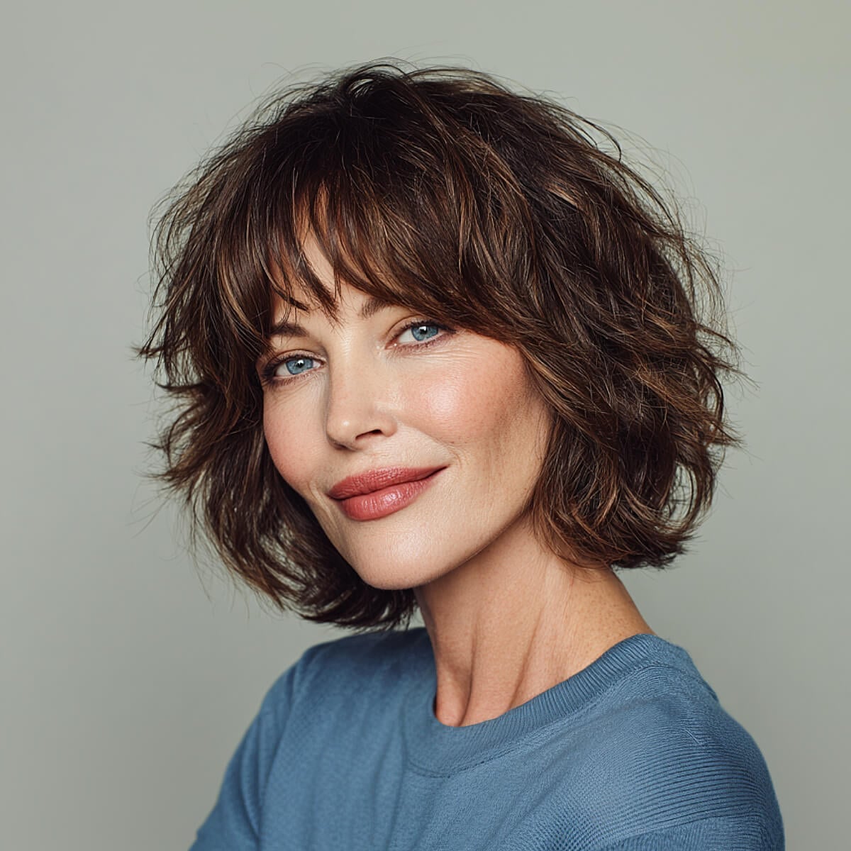 Chin Length Dark Brown Shag With Full Bangs Chin Length Dark Brown Shag With Full Bangs — Classy Shag Hair
