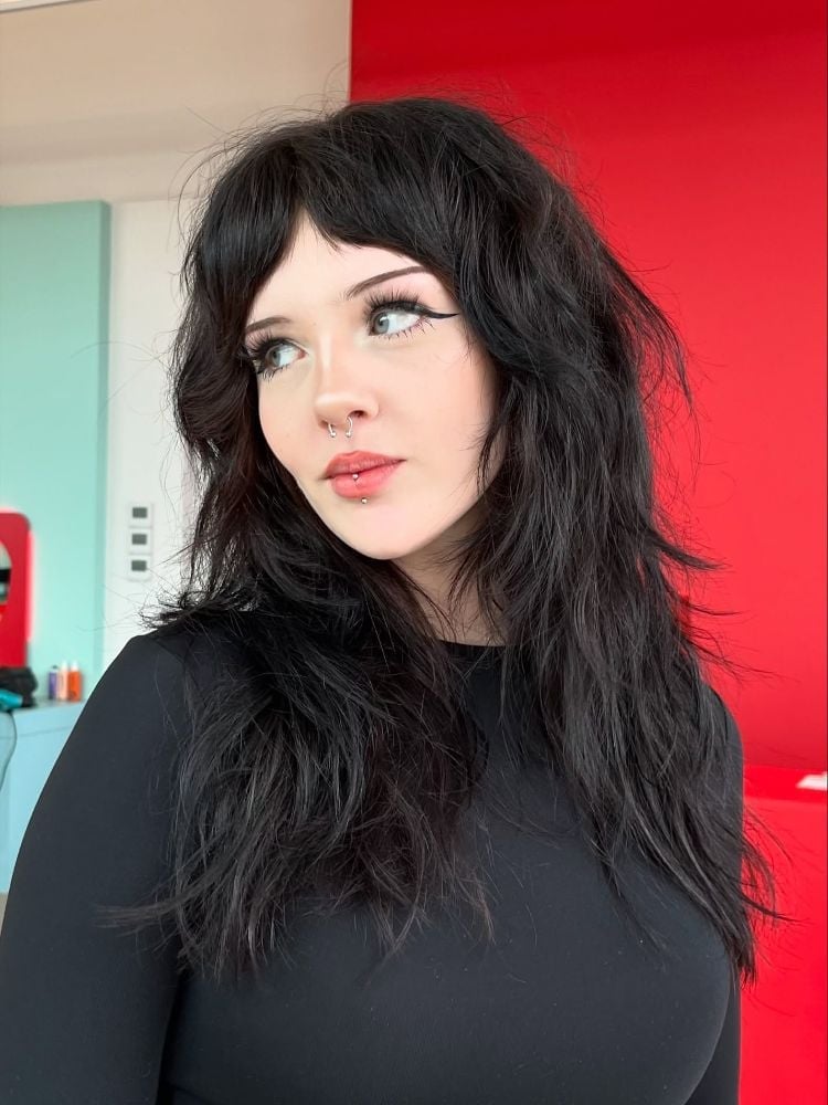Mid-Back Black Shag With Full Bangs Mid-Back Black Shag With Full Bangs — Classy Shag Hair