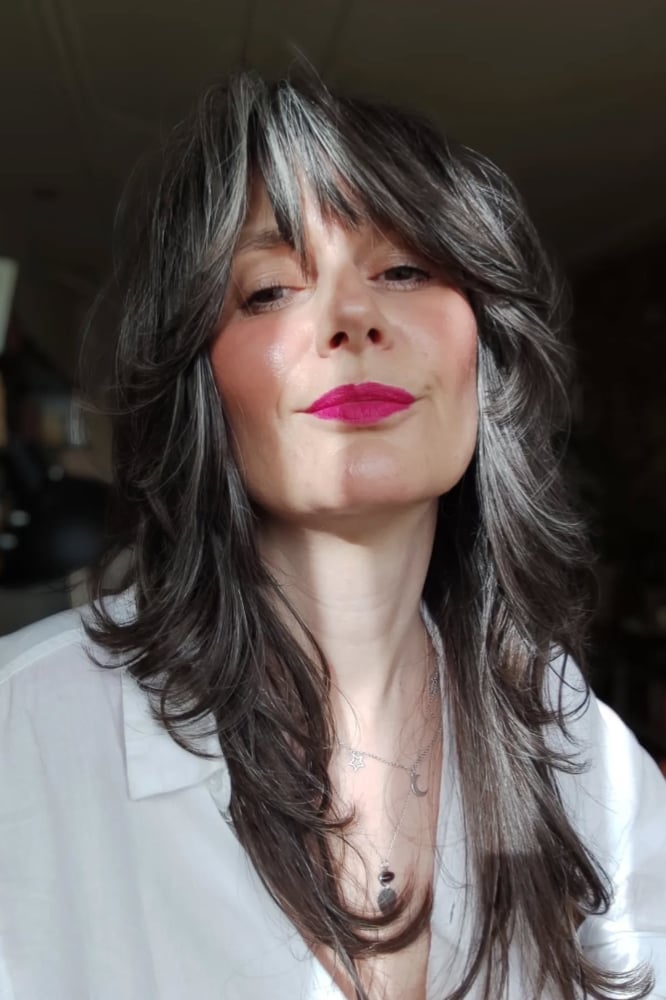 Mid-Back Dark Brown Shag With Gray Streaks Mid-Back Dark Brown Shag With Gray Streaks — Classy Shag Hair