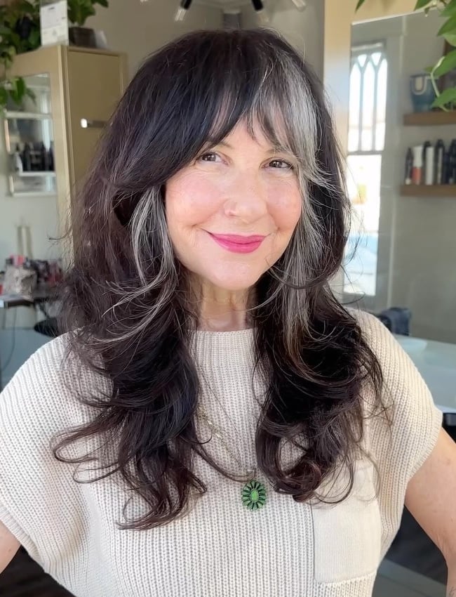 Mid-Back Dark Brown Shag With Gray Streaks and Styled In An Air-Dried Mid-Back Dark Brown Shag With Gray Streaks and Styled In An Air-Dried — Classy Shag Hair