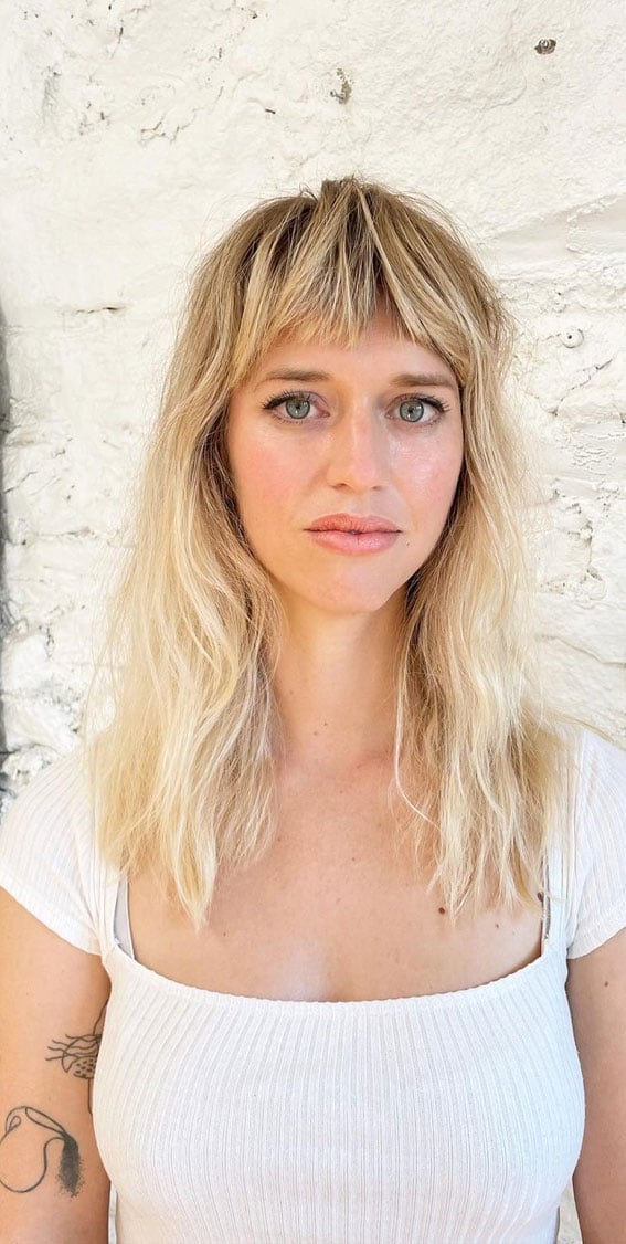 Collarbone Dirty Blonde Shag With Wispy Curtain Bangs Collarbone Dirty Blonde Shag With Wispy Curtain Bangs — Classy Shag Hair