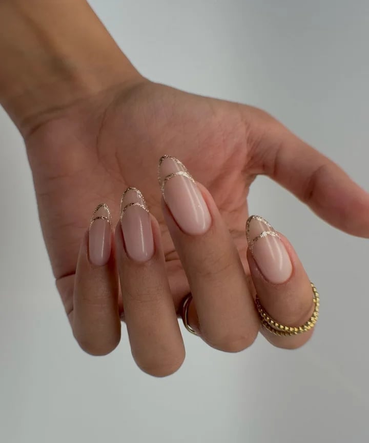 Medium Almond Sheer Nude Pink Gold French Line Medium Almond Sheer Nude Pink Gold French Line — Classy Sheer Nails
