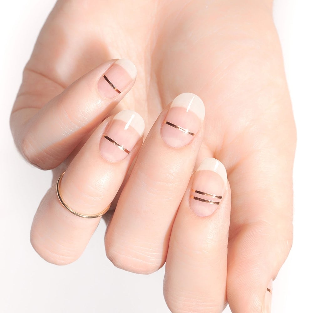 Short Oval Sheer Nude Gold Stripe Accents Short Oval Sheer Nude Gold Stripe Accents — Classy Sheer Nails