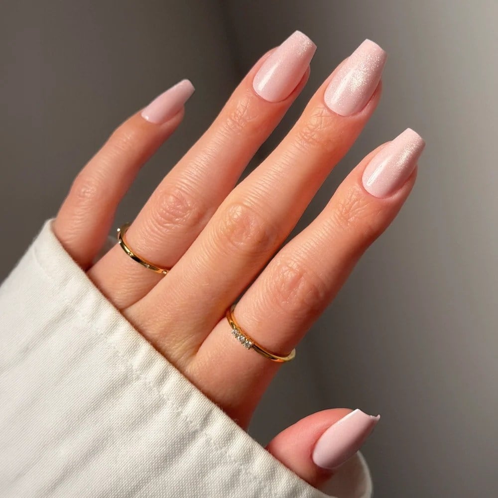 Short Almond Sheer Light Pink Pearlescent Shimmer Short Almond Sheer Light Pink Pearlescent Shimmer — Classy Sheer Nails