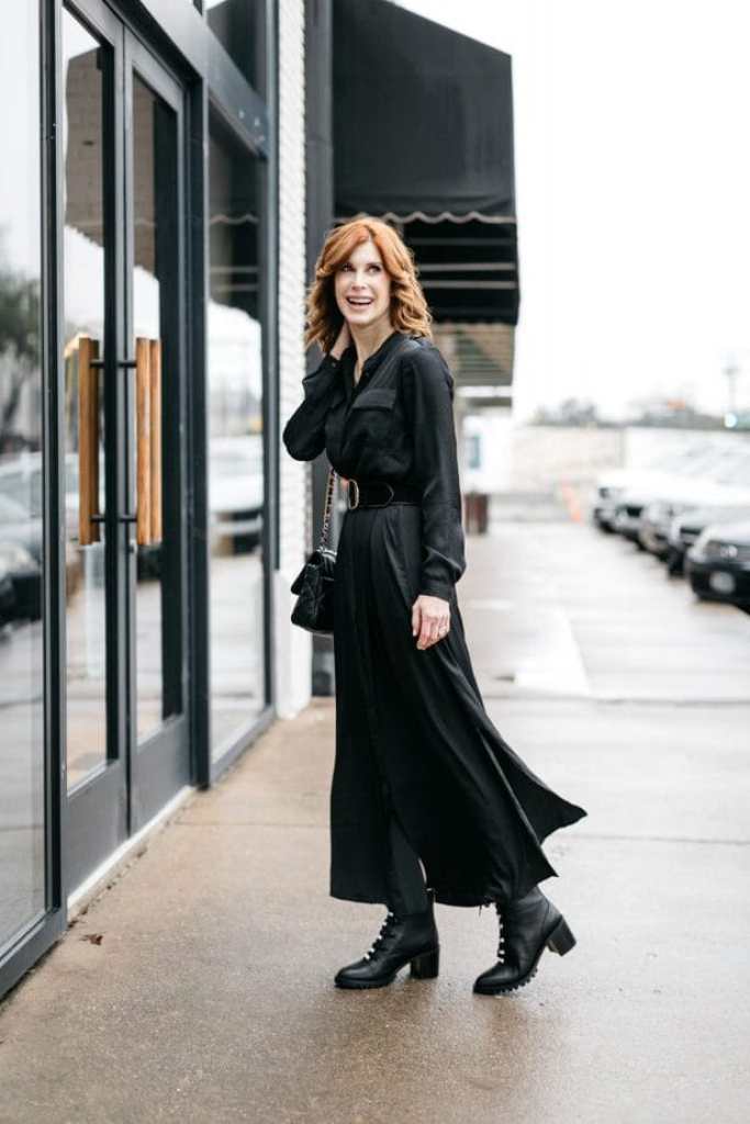 Black Crepe Longline Shirt Dress with Combat Boots Black Crepe Longline Shirt Dress with Combat Boots — Classy Shirt Dress Outfits