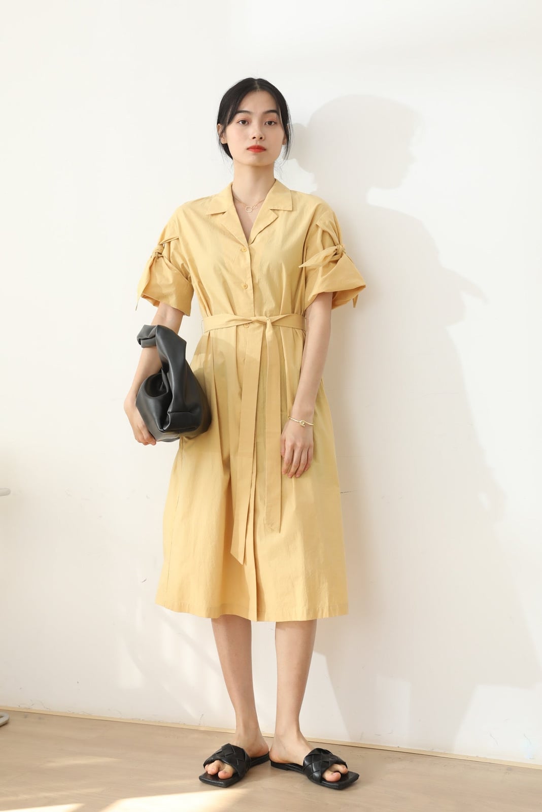 Yellow Cotton A-Line Shirt Dress with Tie Belt Yellow Cotton A-Line Shirt Dress with Tie Belt — Classy Shirt Dress Outfits