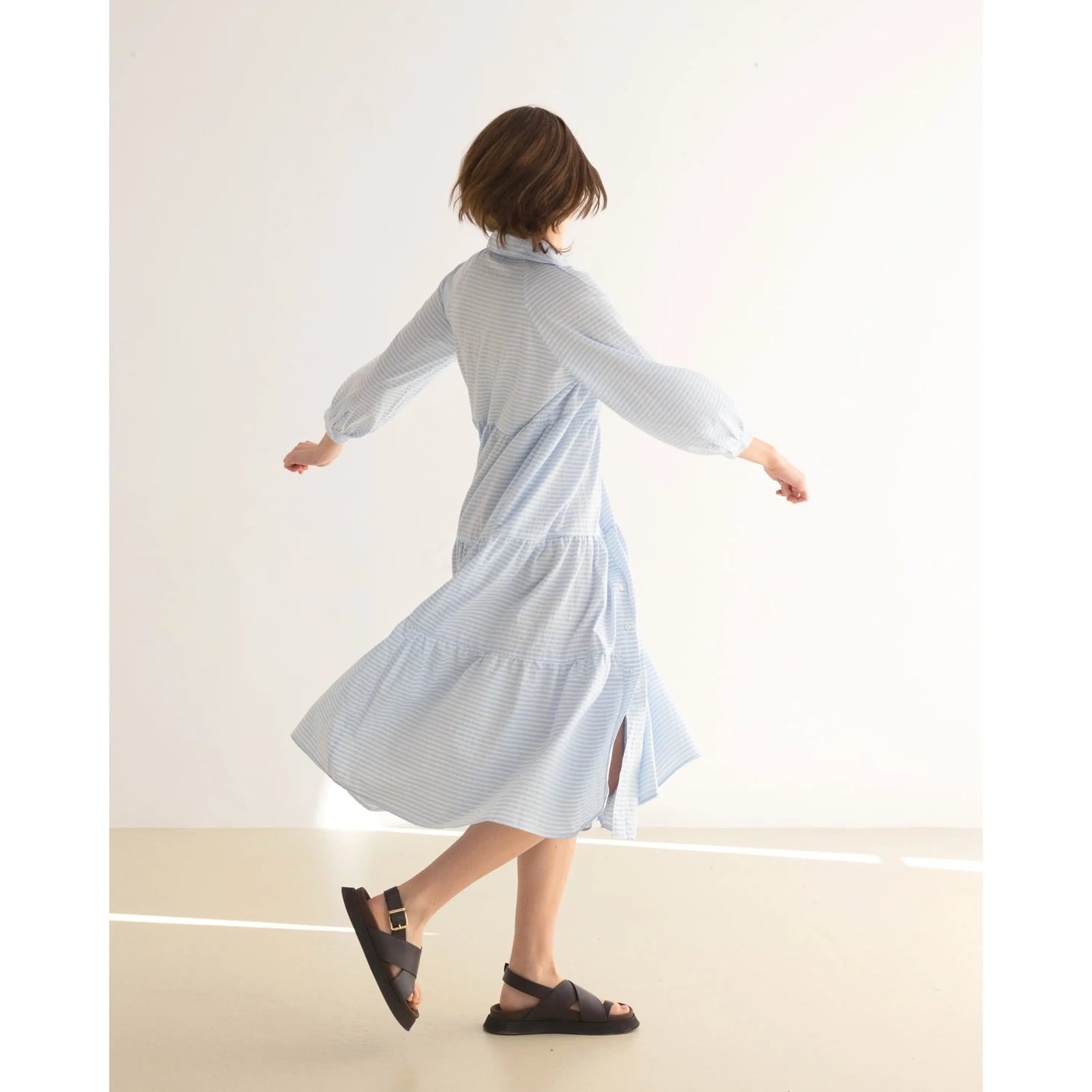 Light Blue Striped Shirt Dress with Tiered Skirt Light Blue Striped Shirt Dress with Tiered Skirt — Classy Shirt Dress Outfits