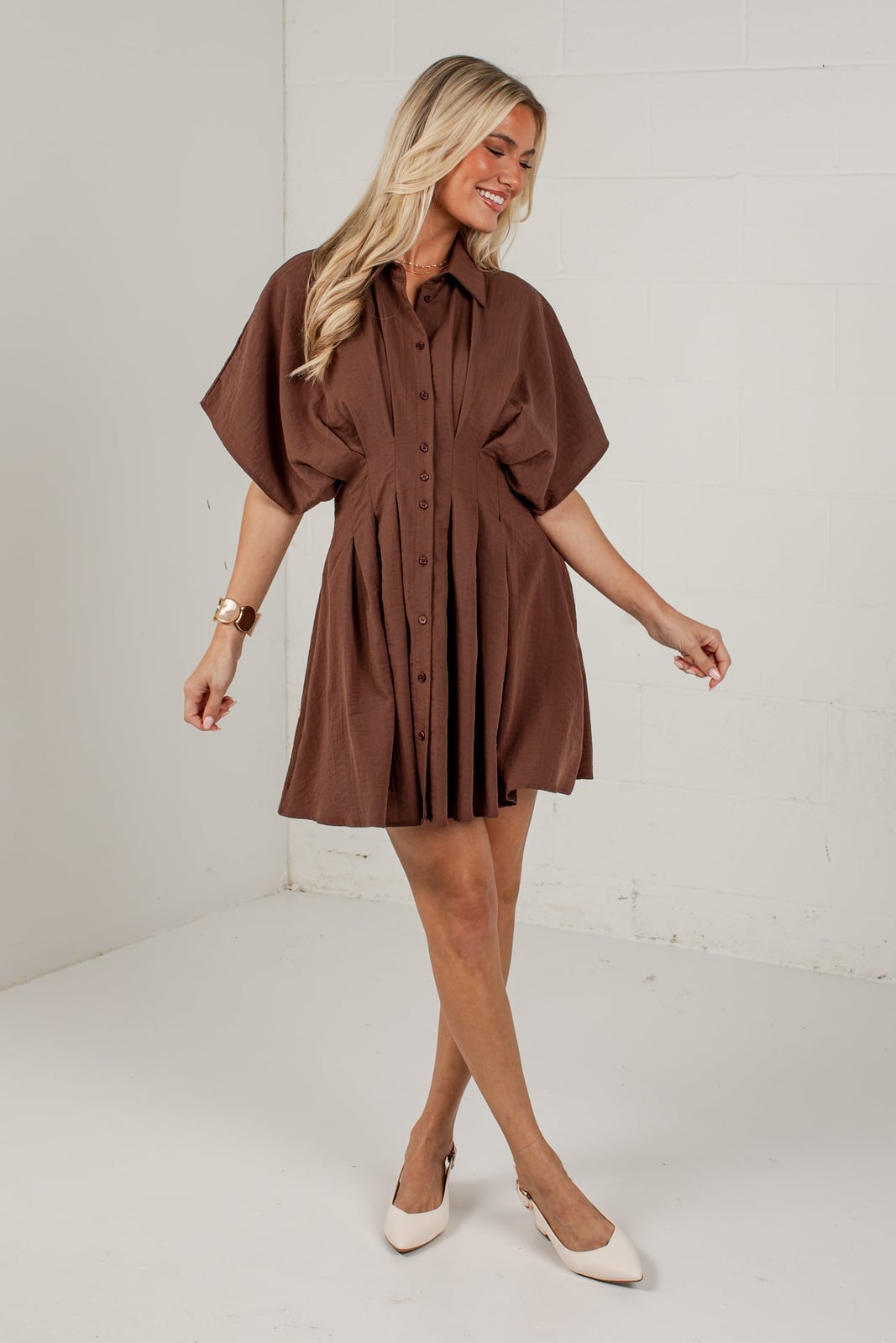 Brown Textured Shirt Dress with Pleated Bodice Brown Textured Shirt Dress with Pleated Bodice — Classy Shirt Dress Outfits