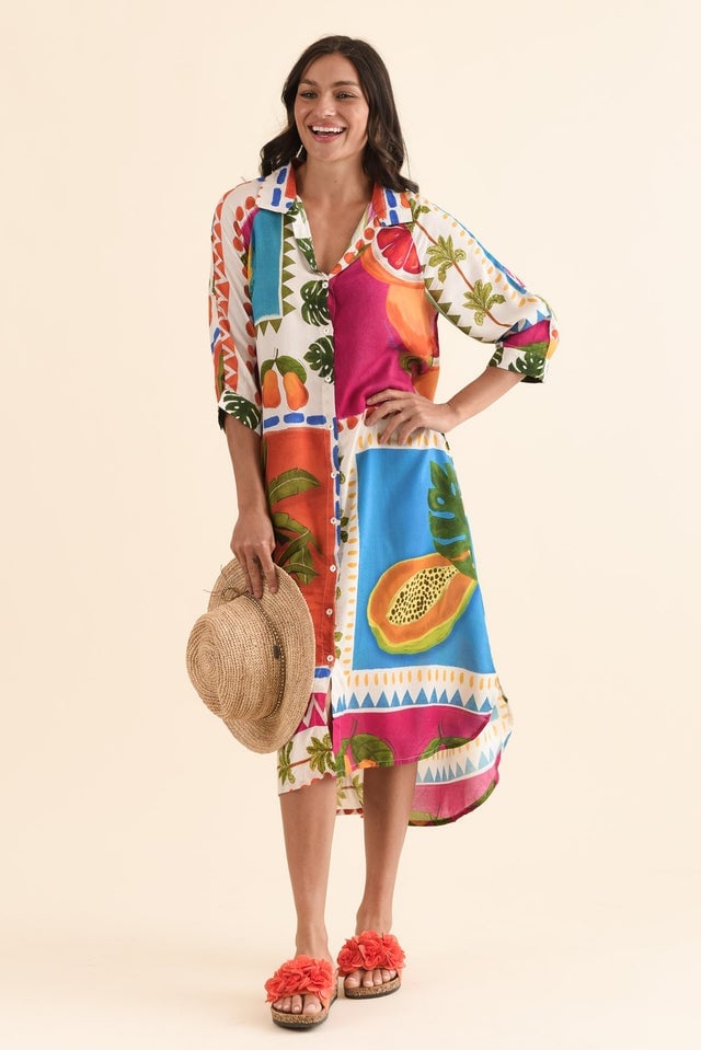 Multicolor Fruit Print Shirt Dress for Summer Days Multicolor Fruit Print Shirt Dress for Summer Days — Classy Shirt Dress Outfits