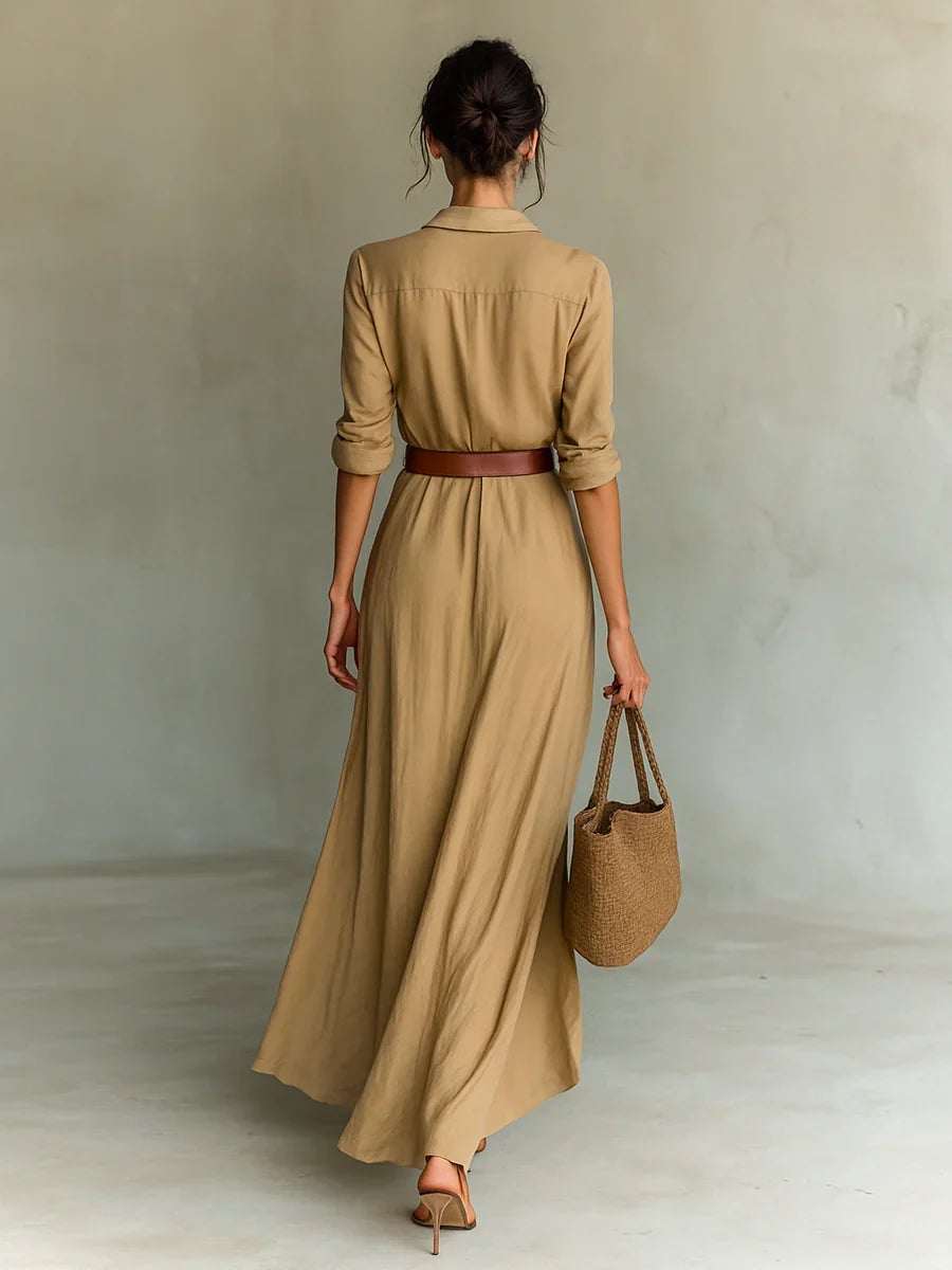 Beige Linen Belted Maxi Shirt Dress for Smart Casual Beige Linen Belted Maxi Shirt Dress for Smart Casual — Classy Shirt Dress Outfits