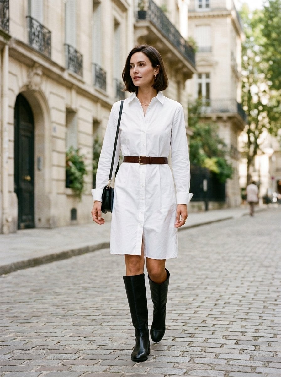 Crisp White Cotton Poplin Shirt Dress with Tall Boots Crisp White Cotton Poplin Shirt Dress with Tall Boots — Classy Shirt Dress Outfits