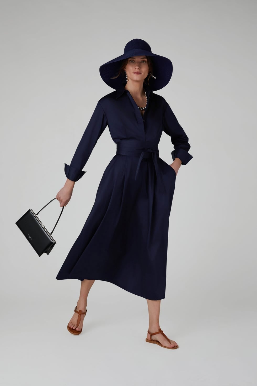 Navy Cotton Shirt Dress With Wide Brim Hat — Classy Shirt Dresses