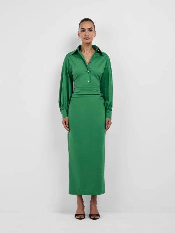 Green Satin Shirt Dress With Black Heels — Classy Shirt Dresses
