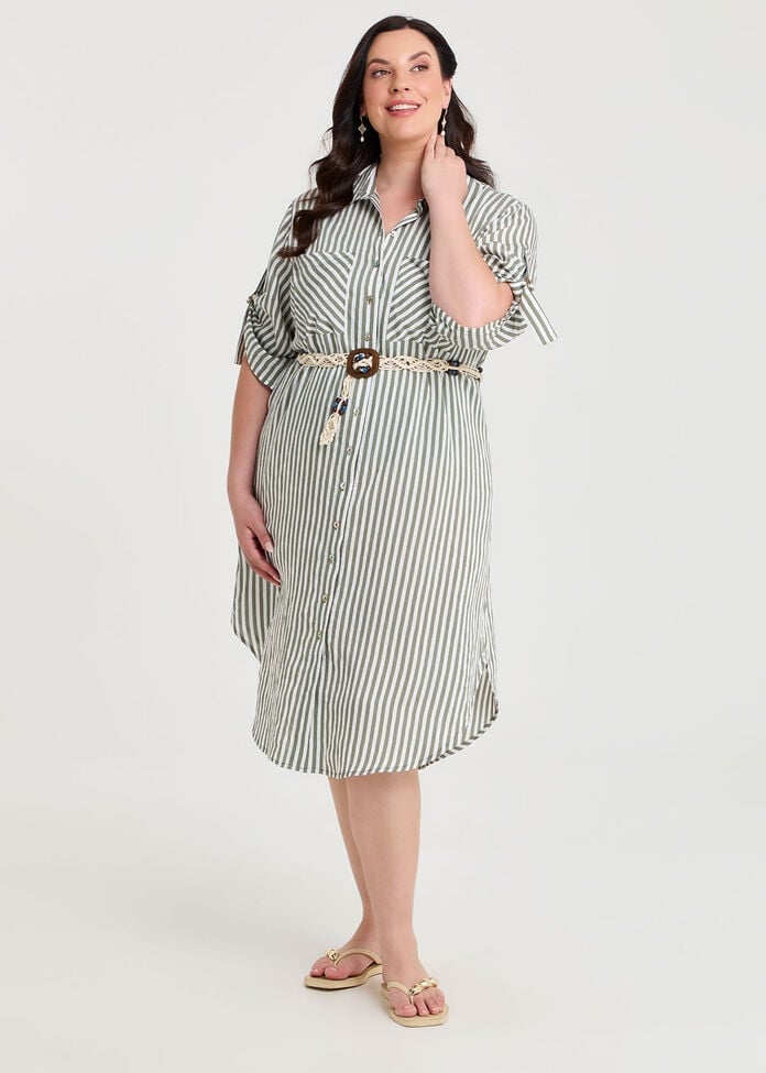 Striped Linen Blend Shirt Dress With Woven Belt — Classy Shirt Dresses