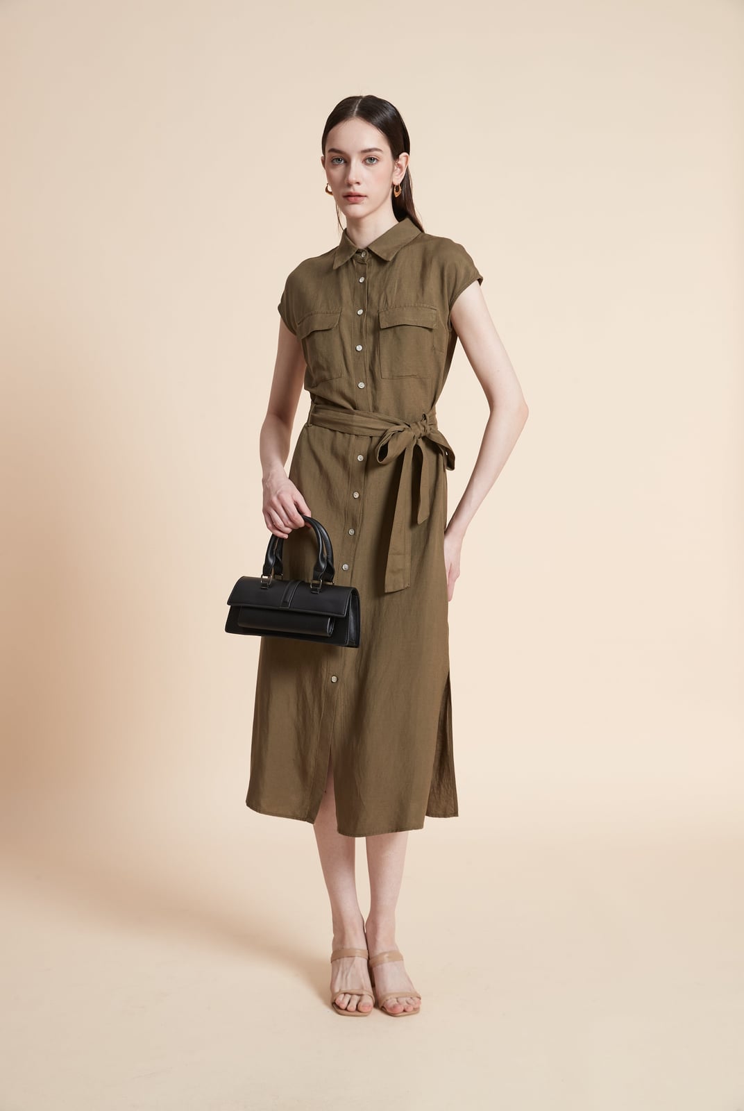 Olive Green Linen Shirt Dress With Flat Sandals — Classy Shirt Dresses