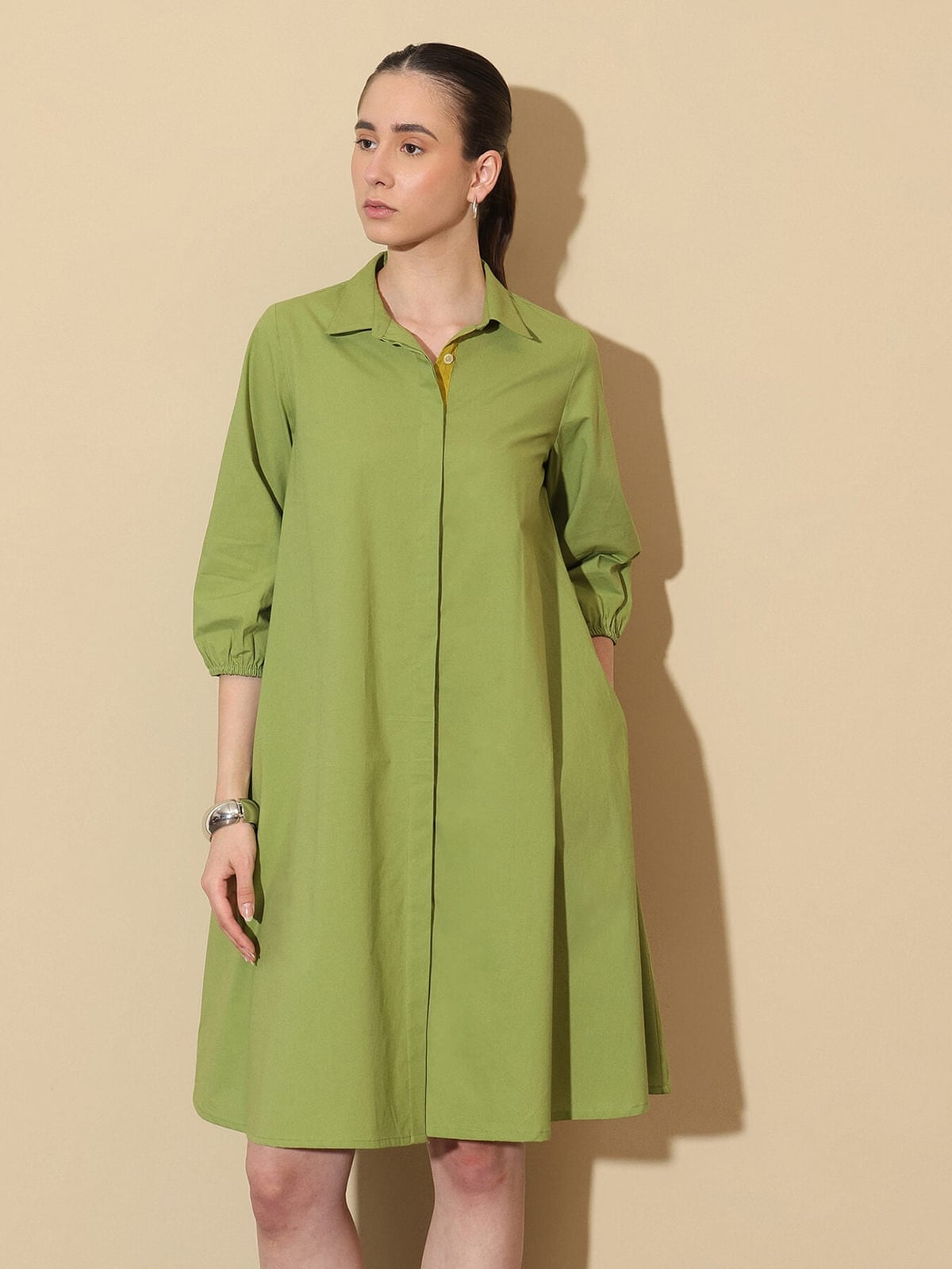 Lime Green Cotton Shirt Dress With Pockets — Classy Shirt Dresses