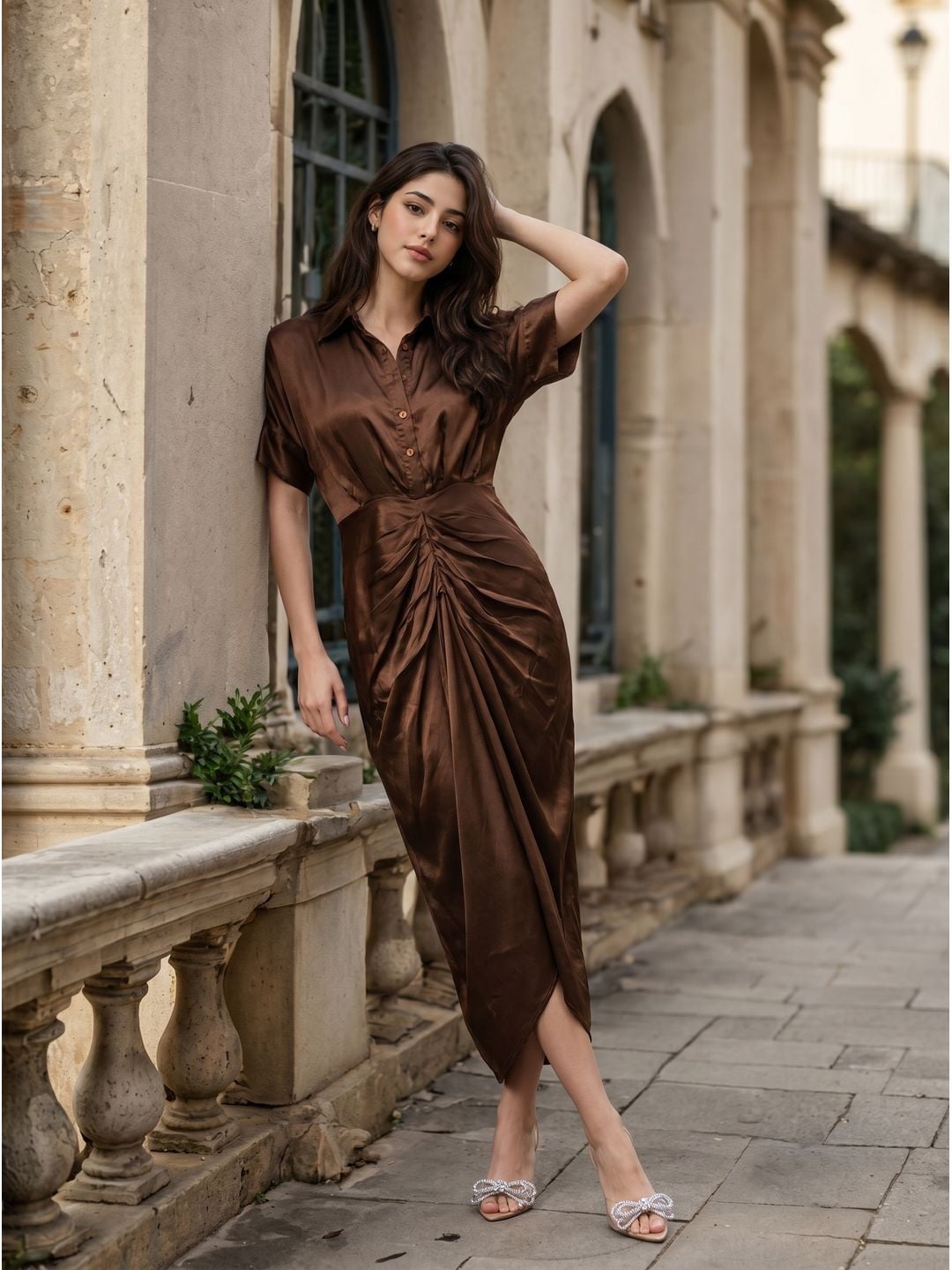 Chocolate Brown Satin Shirt Dress With Draping — Classy Shirt Dresses