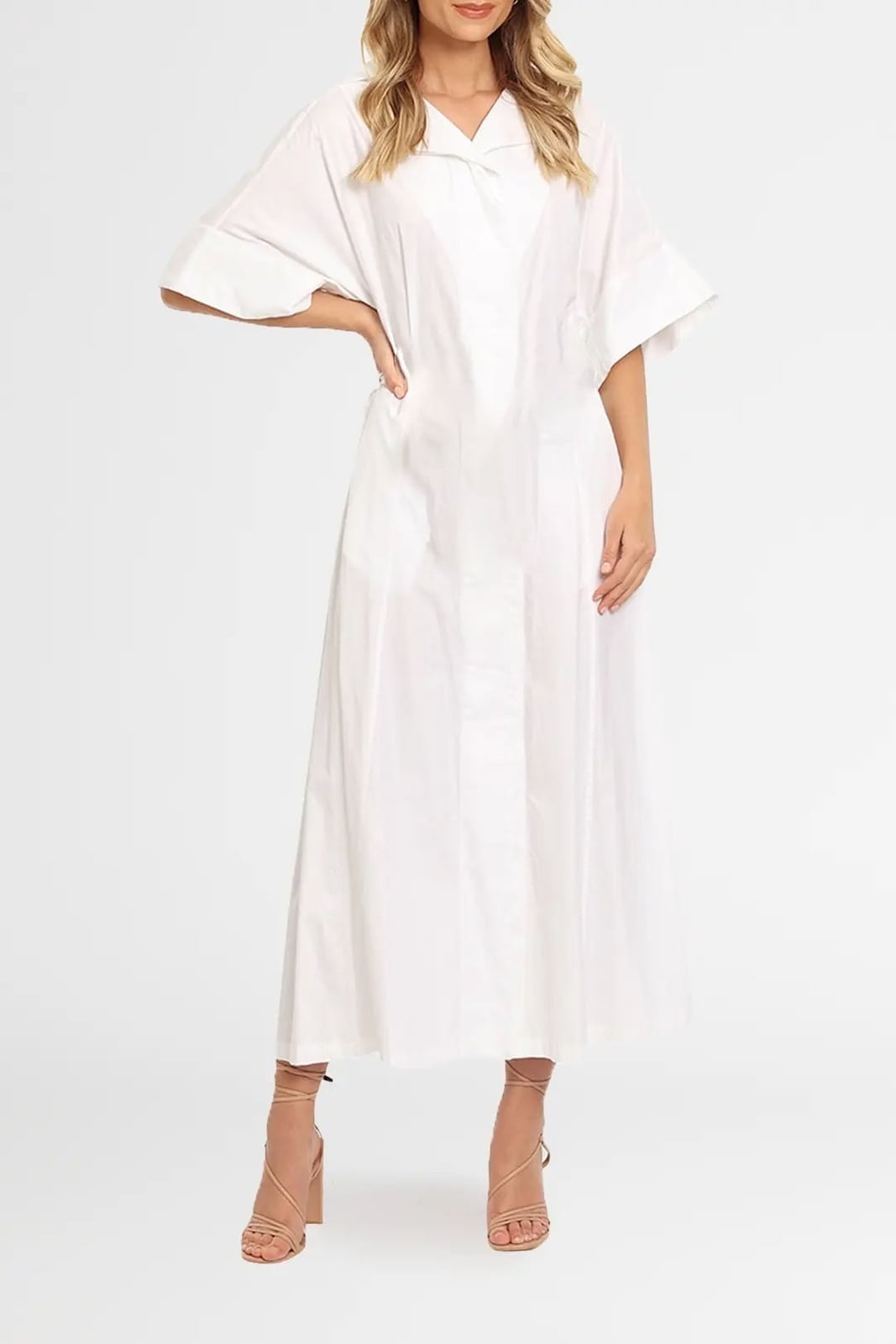White Cotton Maxi Shirt Dress With Strappy Heels — Classy Shirt Dresses