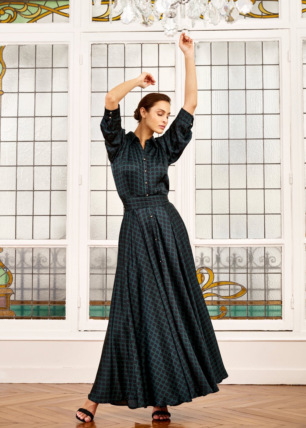 Emerald Green Print Shirt Dress With Black Sandals — Classy Shirt Dresses