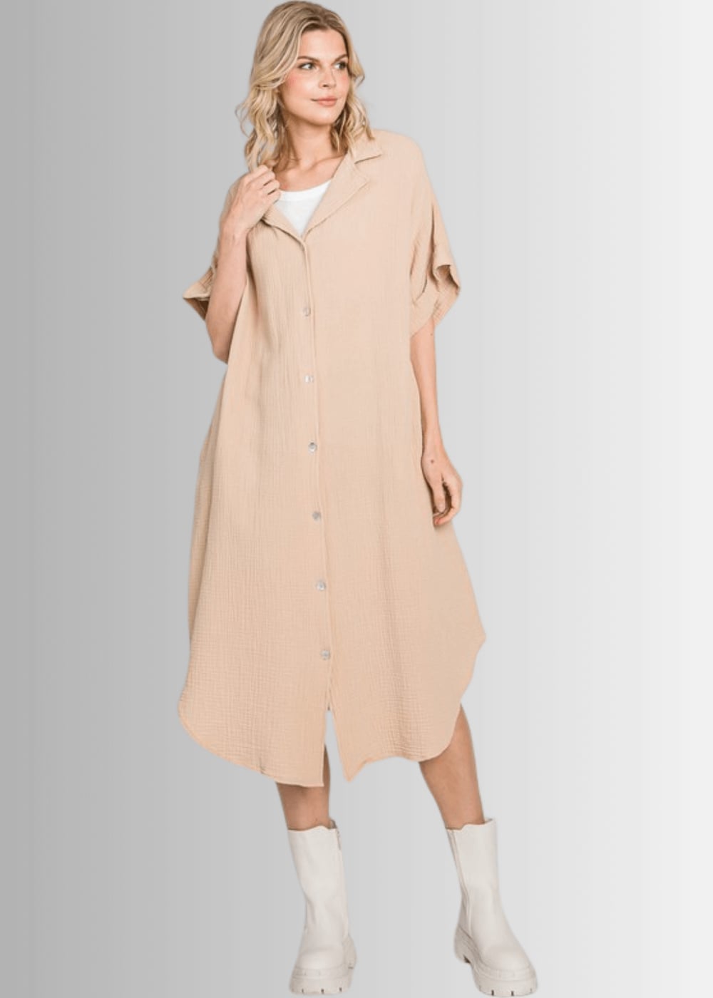 Beige Gauze Shirt Dress With White Boots — Classy Shirt Dresses