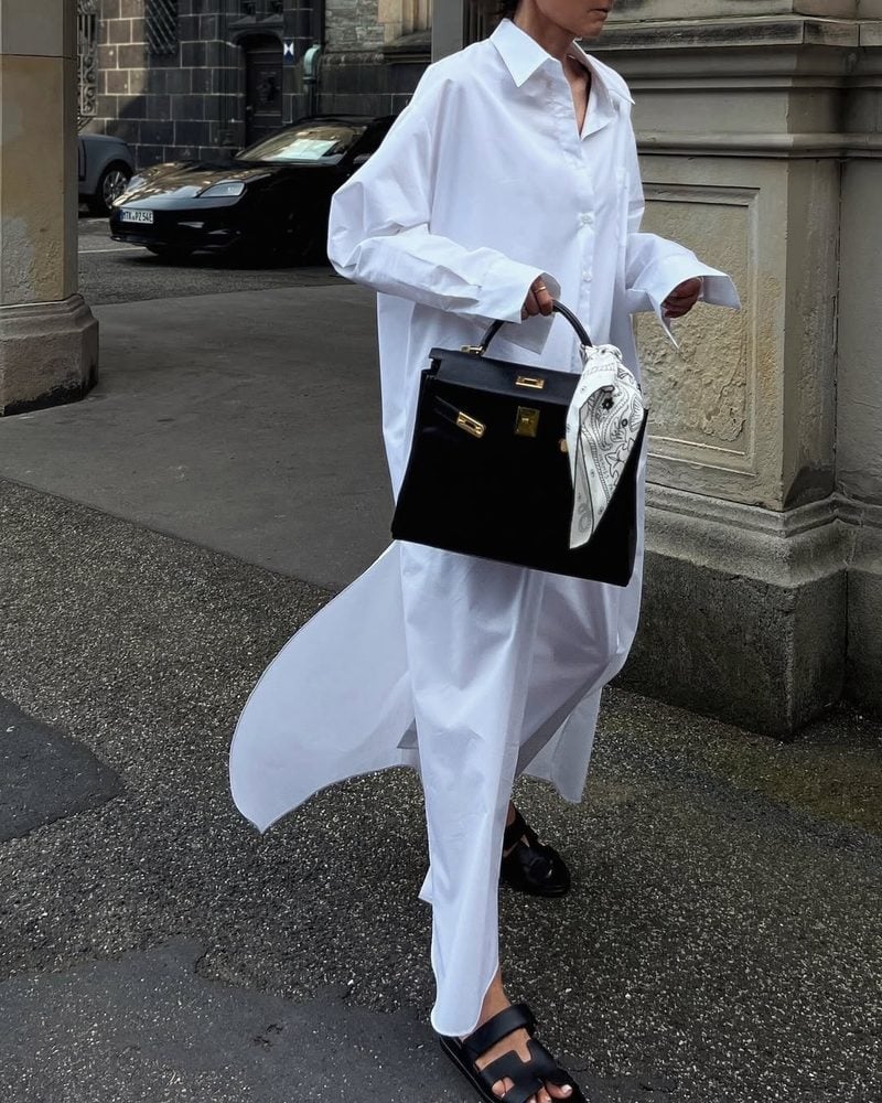 Flowing White Shirt Dress With Black Sandals — Classy Shirt Dresses