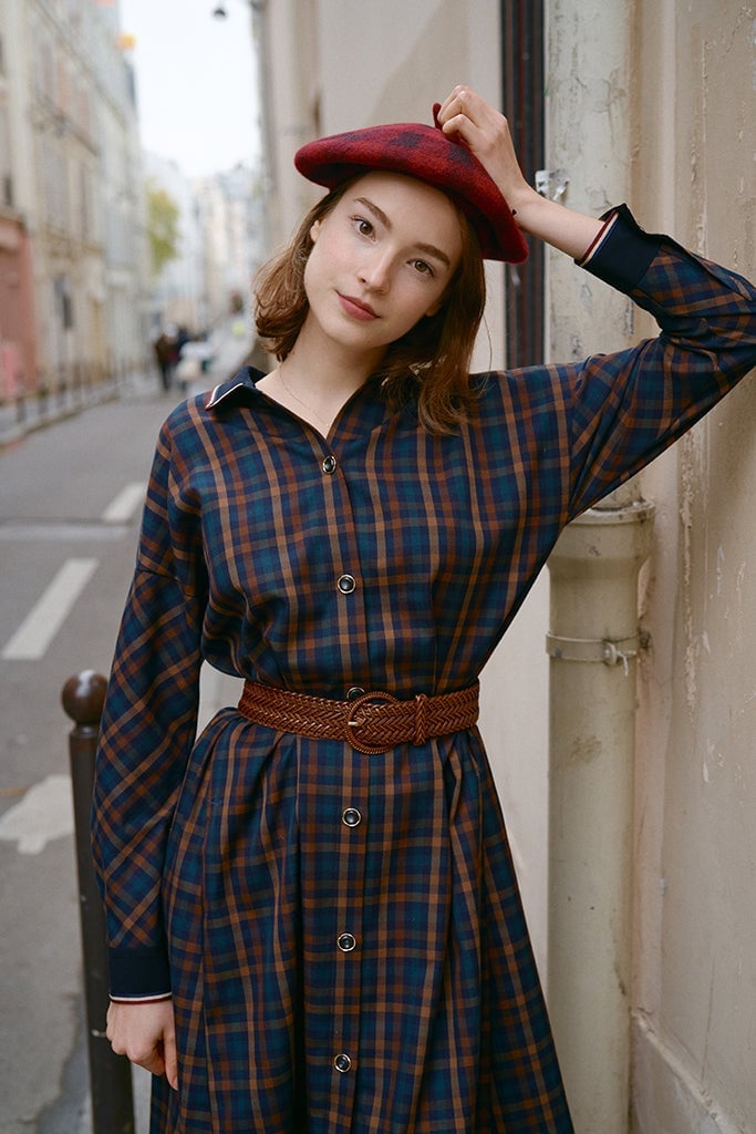 Check Shirt Dress With Brown Belt And Red Beret — Classy Shirt Dresses