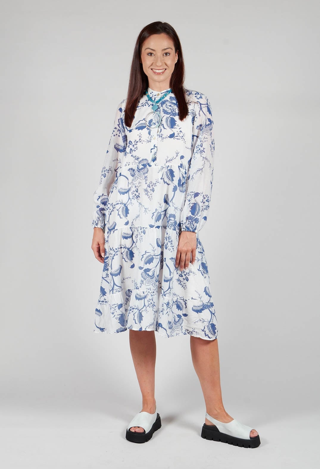 White Floral Tiered Shirt Dress With Chunky Sandals — Classy Shirt Dresses