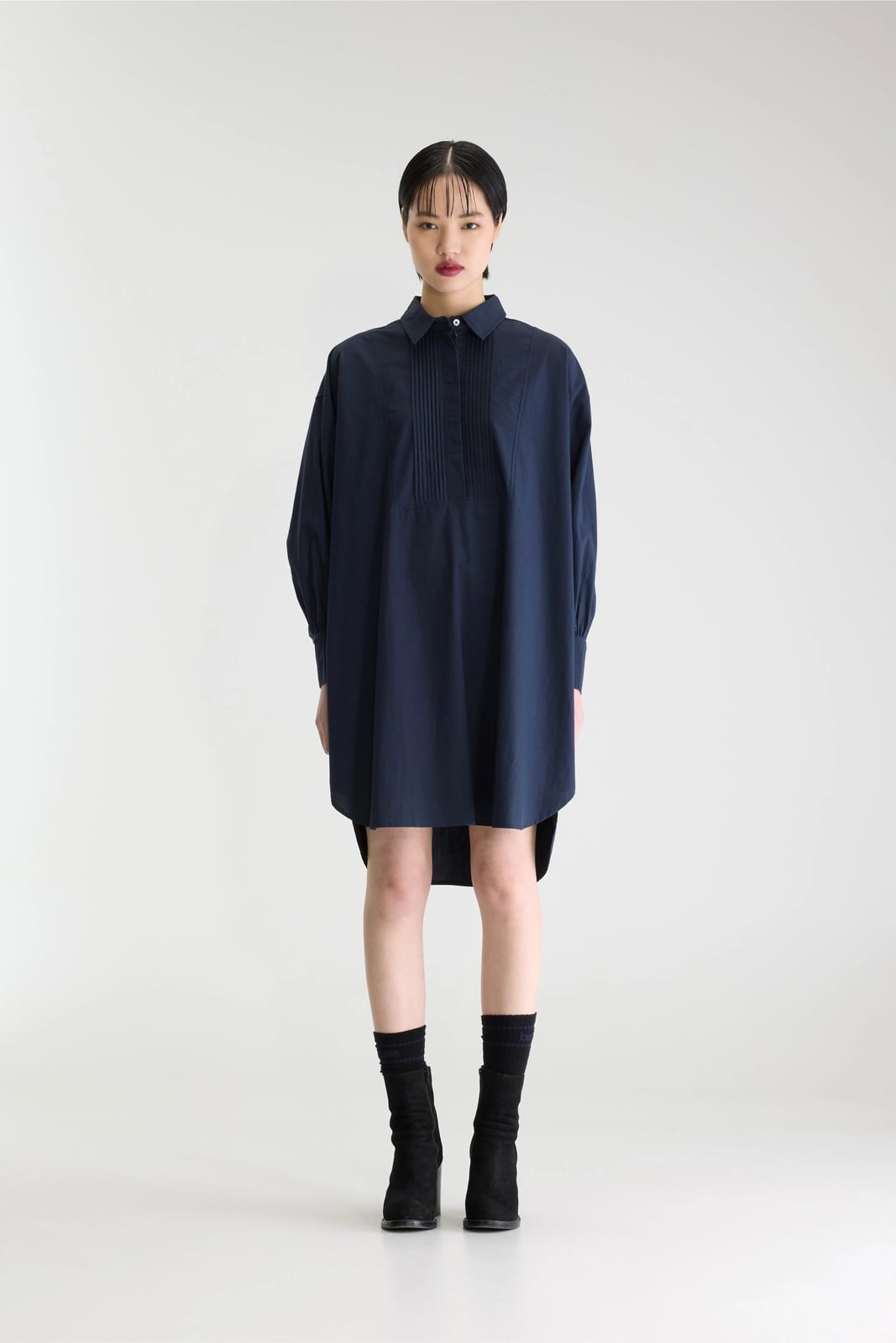 Navy Cotton Oversized Shirt Dress With Pleated Bib — Classy Shirt Dresses