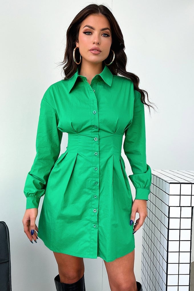 Vibrant Green Shirt Dress With Cinched Waist — Classy Shirt Dresses