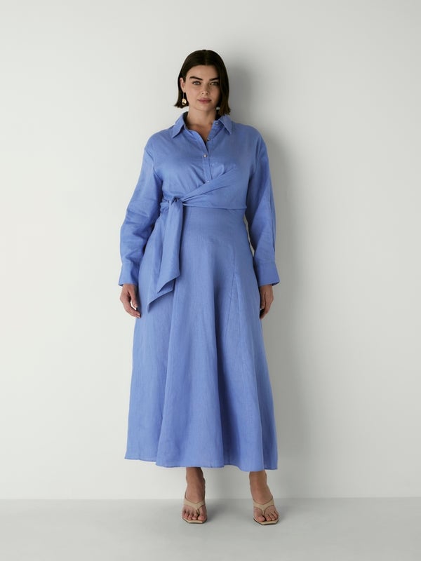 Blue Linen Wrap Shirt Dress With Beige Heels — Classy Shirt Dresses