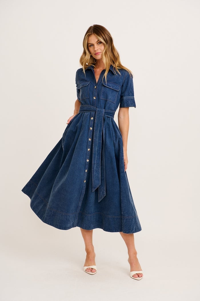 Blue Denim Fit And Flare Shirt Dress — Classy Shirt Dresses