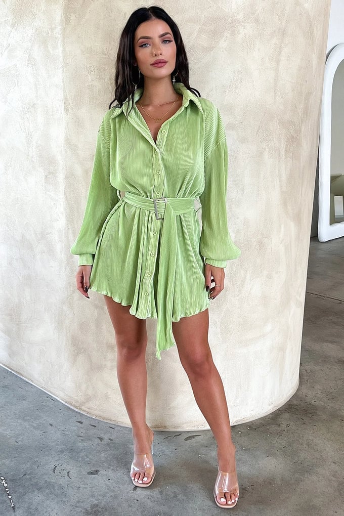 Lime Green Pleated Mini Shirt Dress With Clear Heels — Classy Shirt Dresses