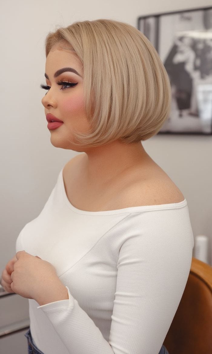Sharp Angled Blonde Chin Bob Sleek Sharp Angled Blonde Chin Bob Sleek — Classy Short Haircuts for Round Faces