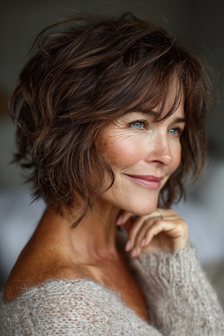 Shag Bob Textured Bangs Face Framing Layers Shag Bob Textured Bangs Face Framing Layers — Classy Short Haircuts for Round Faces