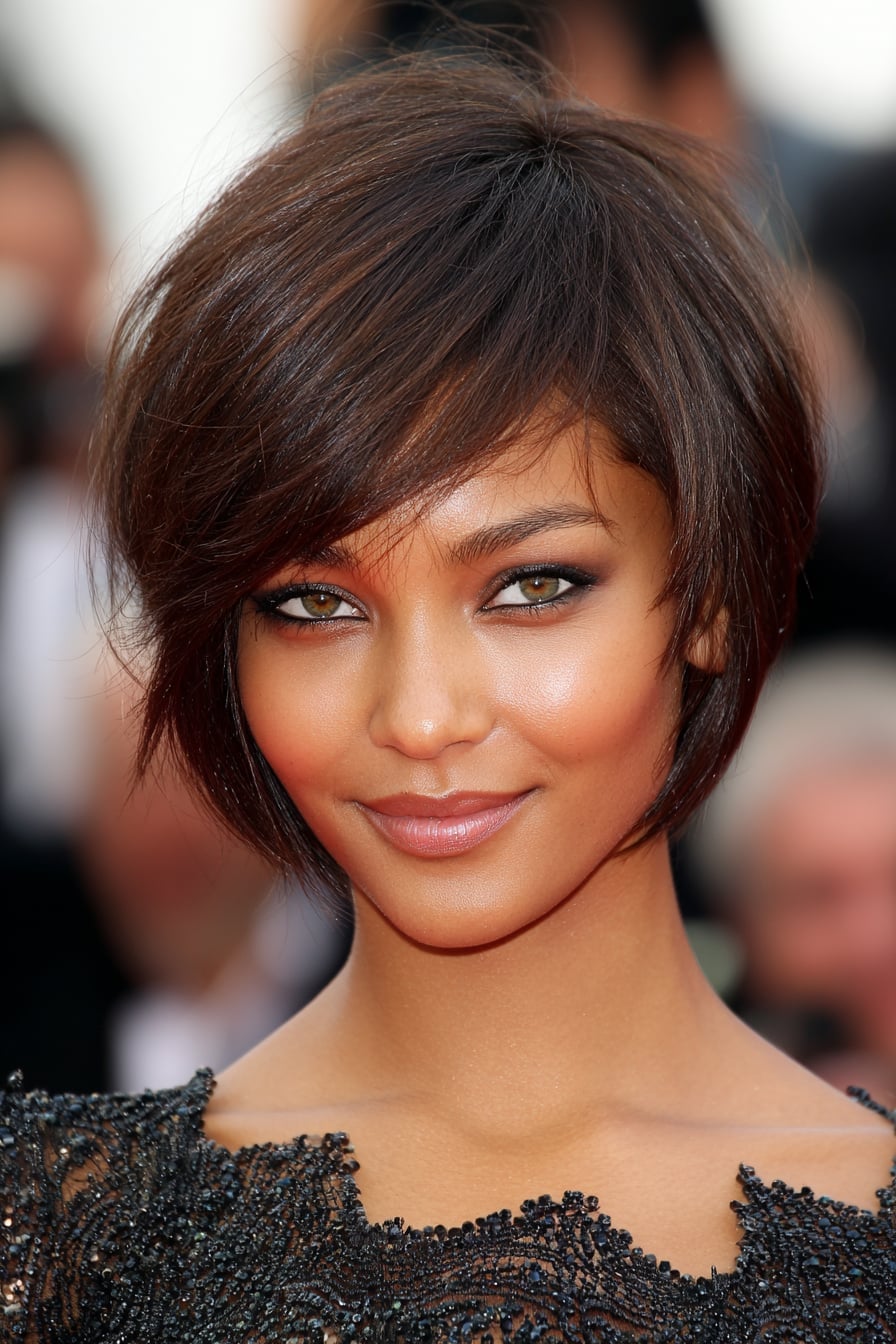 Textured Pixie Asymmetrical Bangs Dark Brown Textured Pixie Asymmetrical Bangs Dark Brown — Classy Short Haircuts for Round Faces