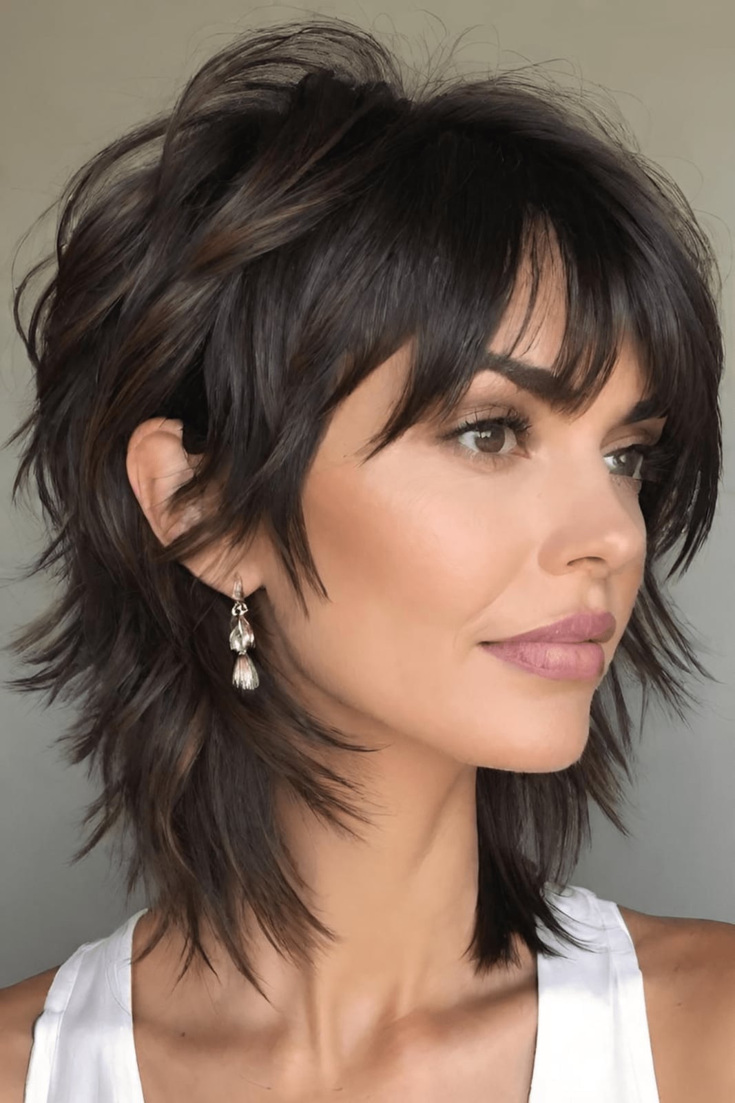 Medium Brown Short Shag With Wispy Bangs Medium Brown Short Shag With Wispy Bangs — Classy Short Shaggy Haircut