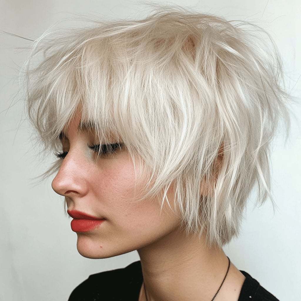 Platinum Blonde Spiky Shag Platinum Blonde Spiky Shag — Classy Short Shaggy Haircut