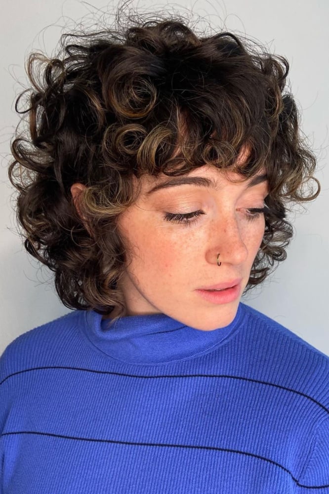 Dark Brown Curly Shag With Caramel Highlights Dark Brown Curly Shag With Caramel Highlights — Classy Short Shaggy Haircut