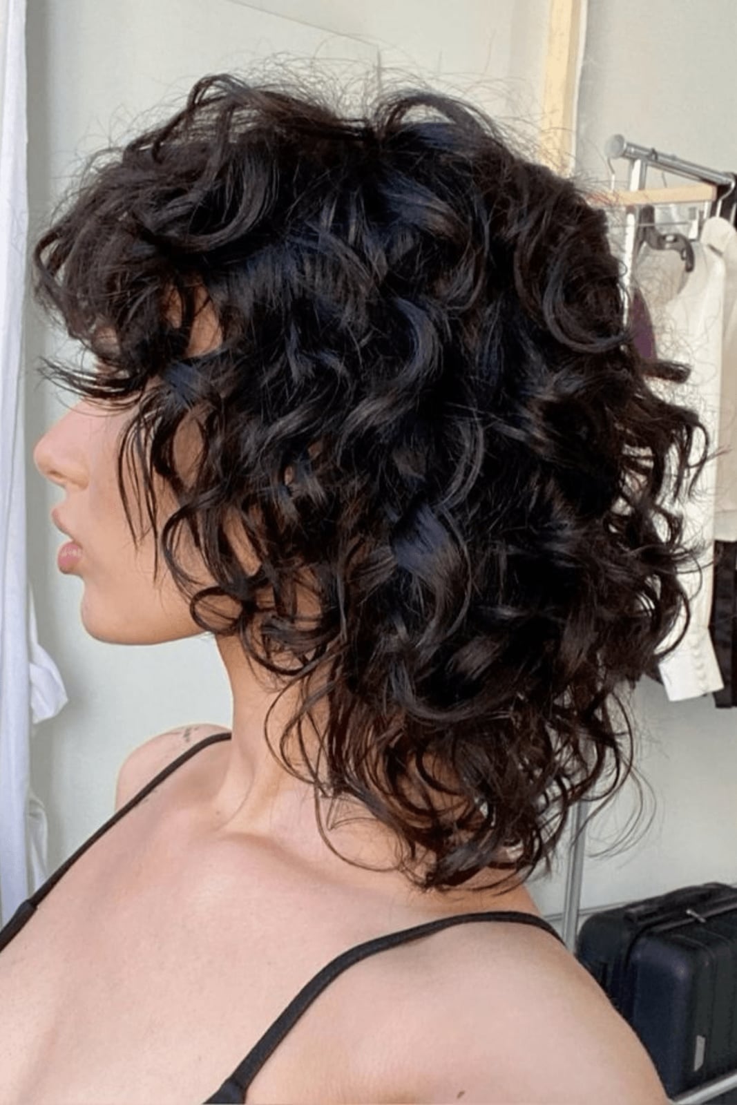 Dark Brown Thick Curly Shag With Curtain Bangs, Middle Dark Brown Thick Curly Shag With Curtain Bangs, Middle — Classy Short Shaggy Haircut