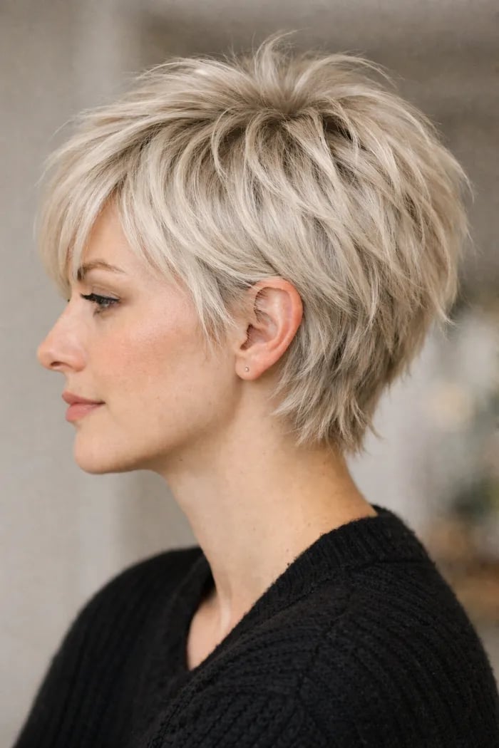 Ash Blonde Shag With Curtain Bangs Side View, Ear Ash Blonde Shag With Curtain Bangs Side View, Ear — Classy Short Shaggy Haircut