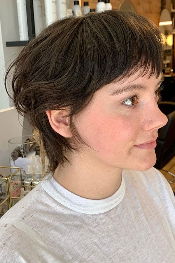 Dark Brown Textured Shag With Choppy Bangs Dark Brown Textured Shag With Choppy Bangs — Classy Short Shaggy Haircut