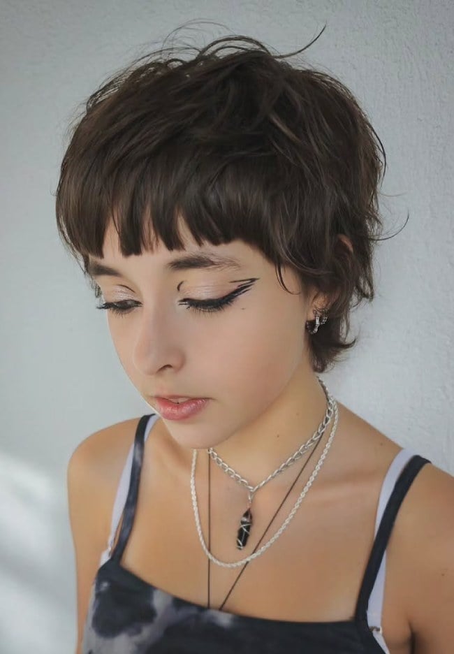 Espresso Brown Shaggy Pixie With Micro Fringe Espresso Brown Shaggy Pixie With Micro Fringe — Classy Short Shaggy Haircut